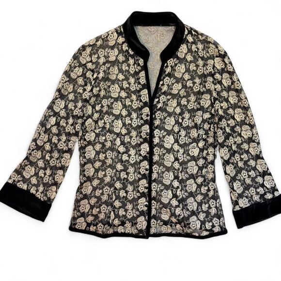 VTG Black + Ivory Floral Embroidered Sheer Mesh Cardigan w/ Velvet Trim sz 8 - Picture 1 of 8